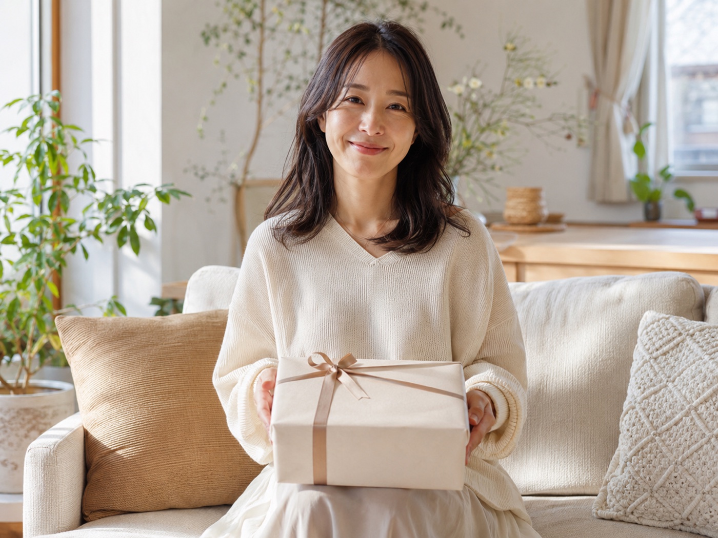 出産祝いのギフトを受け取る女性