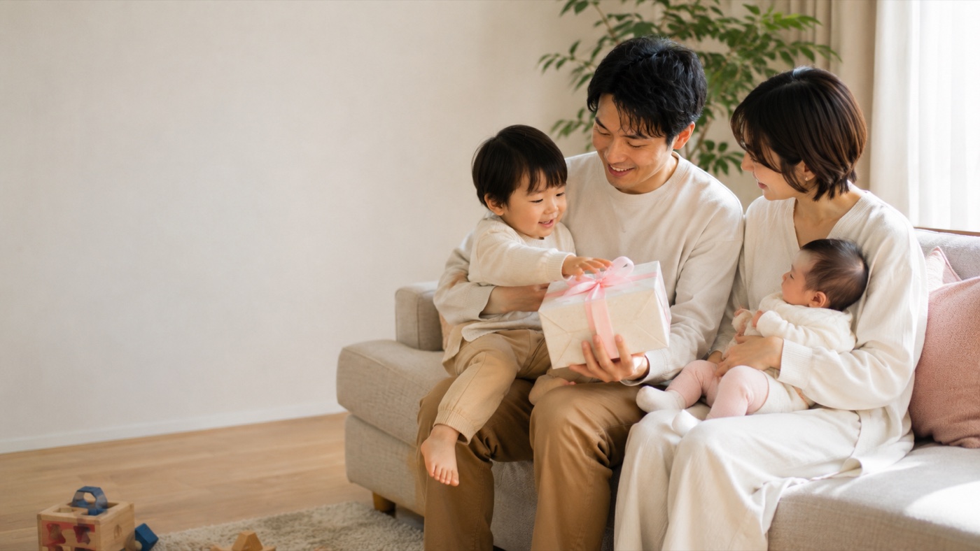 2人目の出産祝いを囲む、上の子と赤ちゃんと両親の4人家族